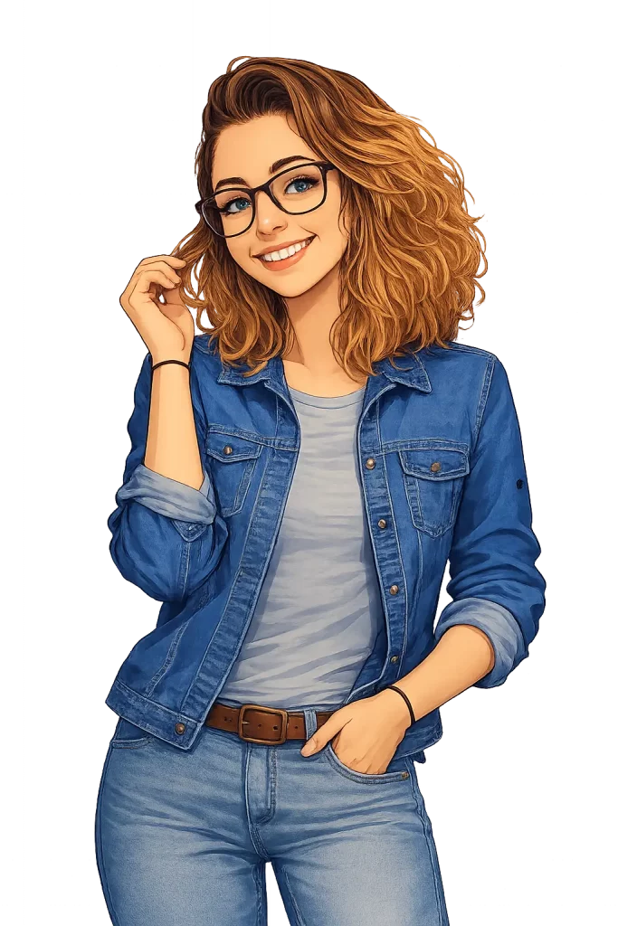 Femme entrepreneure digitale debout, posture naturelle et souriante, avatar féminin représentant le travail en ligne depuis chez soi