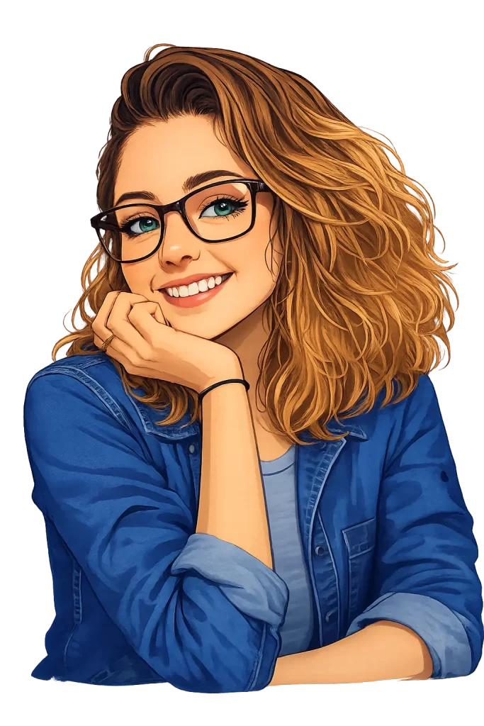 Femme souriante avec lunettes, cheveux ondulés châtain clair, posture détendue, avatar féminin digital représentant une entrepreneure en ligne
