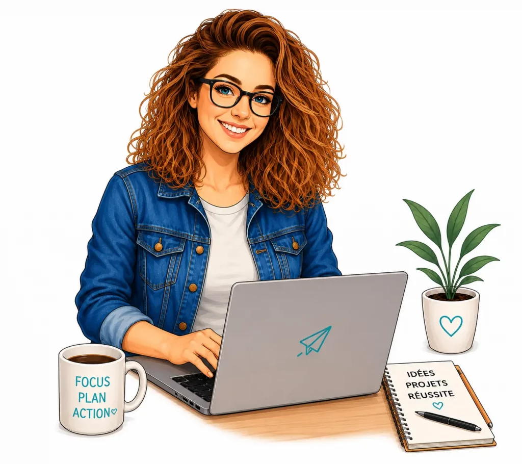 Avatar féminin Digital Toi travaillant sur un ordinateur portable dans un espace de travail en ligne