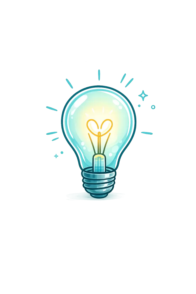 Illustration d'une ampoule lumineuse turquoise avec un filament en forme de cœur, symbole d'idée, d'inspiration et de réflexion.